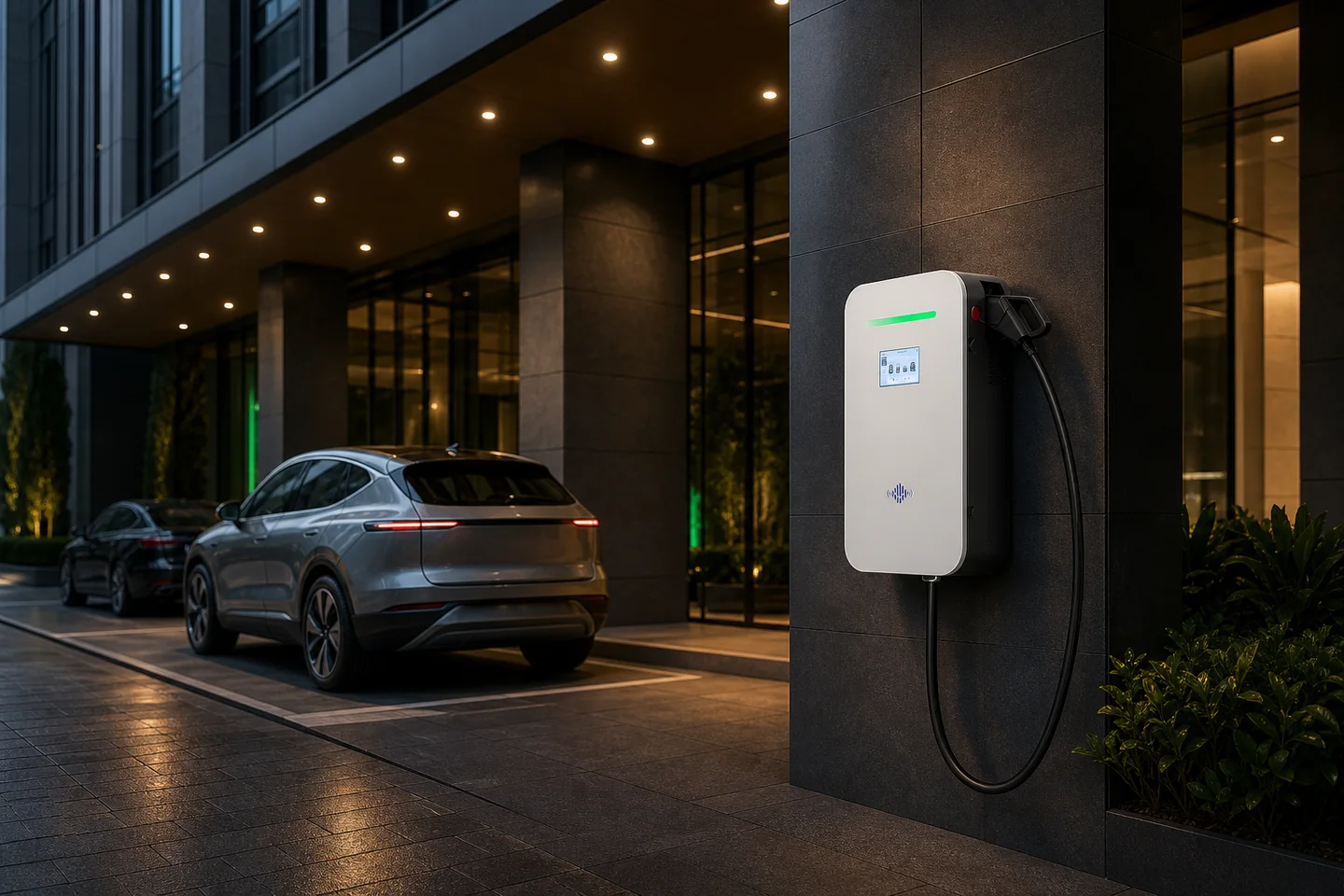 Carregador rápido BENY DC 40 kW instalado na fachada de uma empresa